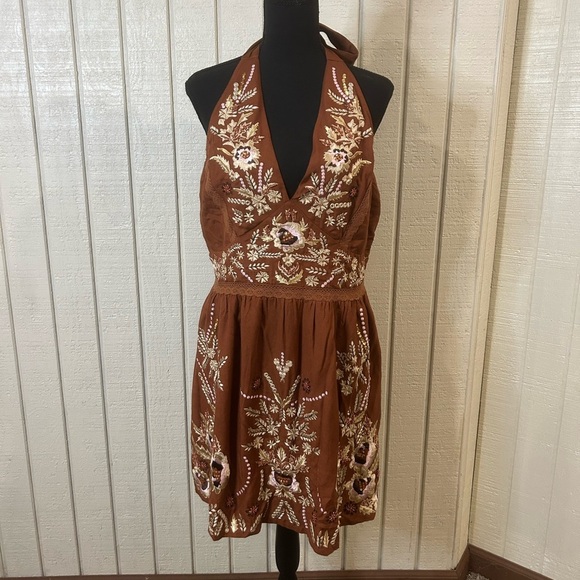 New Boston Proper Brown Embroidered Halter Dress, size large. - Picture 2 of 10